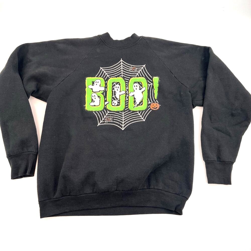 vintage unisex halloween sweatshirt graphic black XL ghost boo cobweb raglan